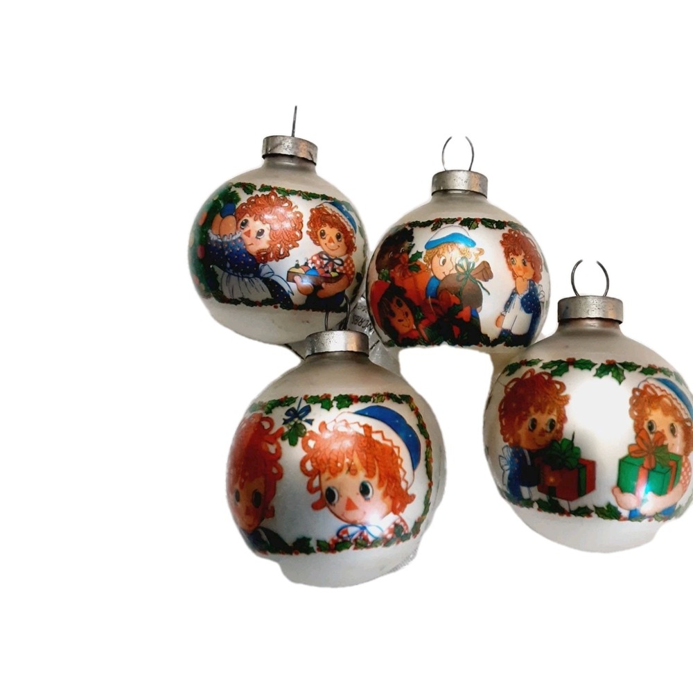 VTG Corning Bobbs Merrill Ornaments Raggedy Ann & Andy Glass Christmas 1974